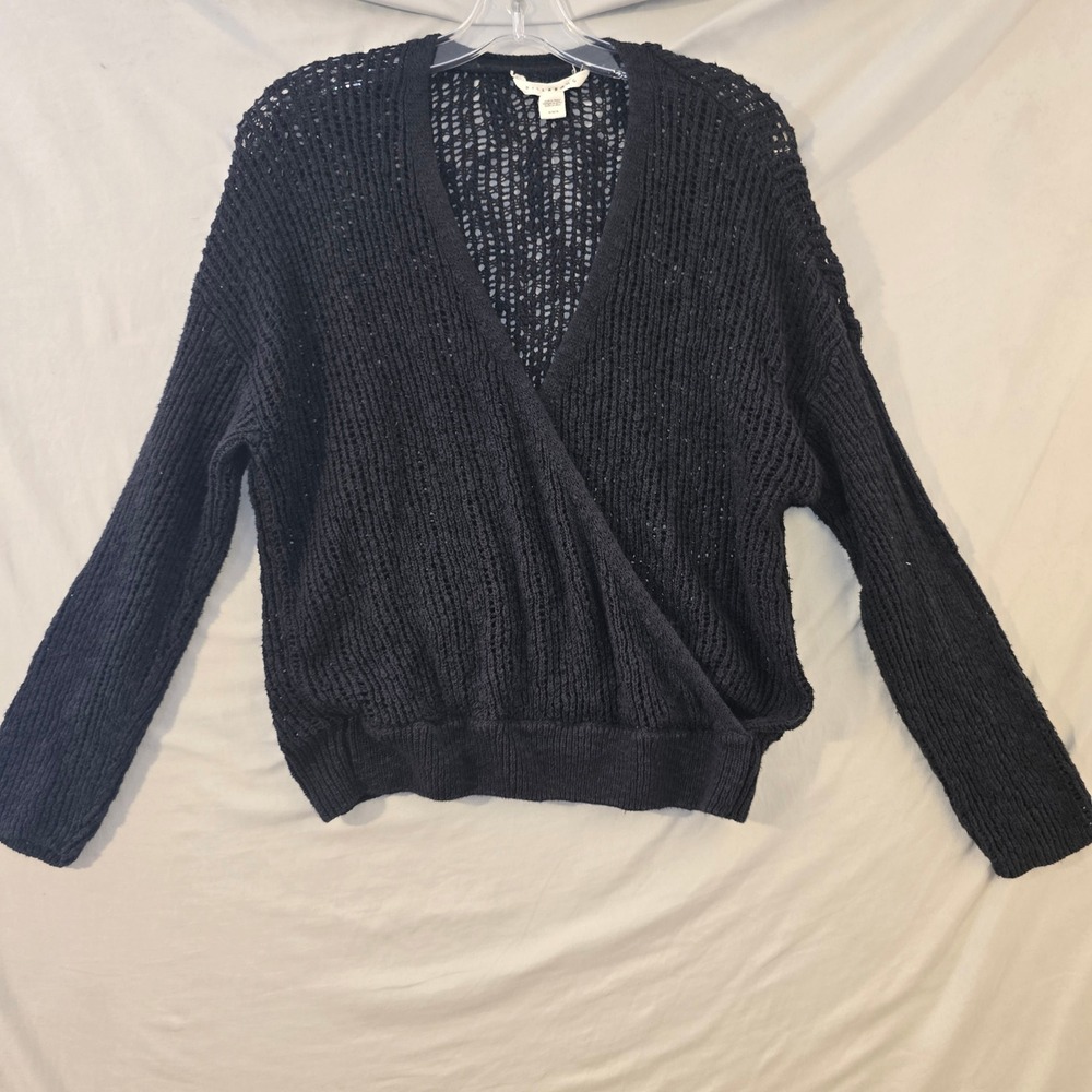 Billabong Wrap Sweater Medium Womens Navy Blue Open Crochet Knit Surplice Top